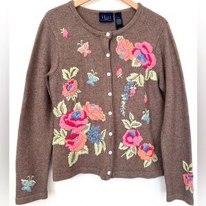 Vintage Knit Cardigan Sweater Silk Wool Angora Floral Embroidered Medium
